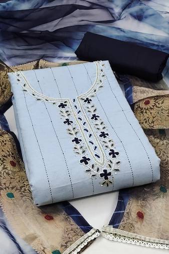 Teal blue color hand work work cemric cotton unstitched chudidar dress material - mrfc11310b