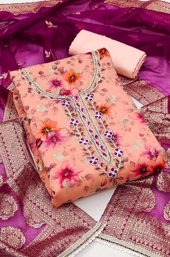 Peach color hand work work organza unstitched chudidar dress material - mrfc11312b