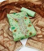 Pista green color hand work work organza unstitched chudidar dress material 