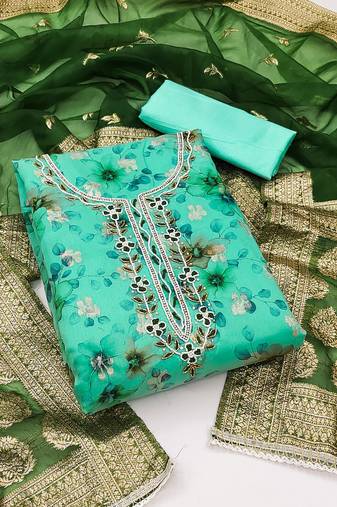 Sea green color hand work work organza unstitched chudidar dress material - mrfc11312d