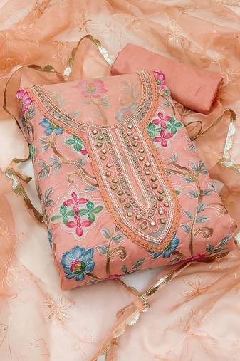 Peach color hand work work organza unstitched chudidar dress material - mrfc11314b