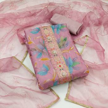 Light purple color sequins work organza unstitched chudidar dress material  1