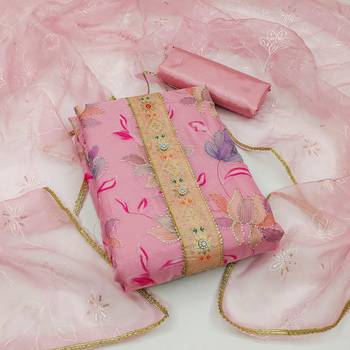 Pink color sequins work organza unstitched chudidar dress material  1