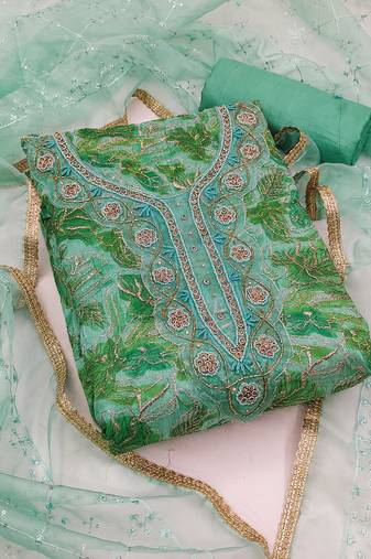 Green color hand work work organza unstitched chudidar dress material - mrfc11317a