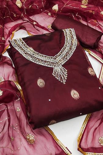Maroon color weaving work organza jacquard unstitched chudidar dress material - mrfc11318b