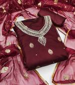 Maroon color weaving work organza jacquard unstitched chudidar dress material 