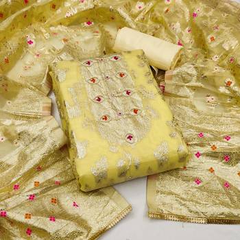 Yellow color weaving work banarasi jacquard unstitched chudidar dress material  1
