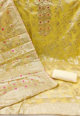 Yellow color weaving work banarasi jacquard unstitched chudidar dress material  2