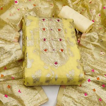 Yellow color weaving work banarasi jacquard unstitched chudidar dress material  3