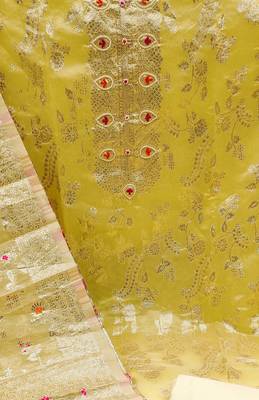 Yellow color weaving work banarasi jacquard unstitched chudidar dress material  4