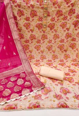 Cream color sequins work organza unstitched chudidar dress material  2