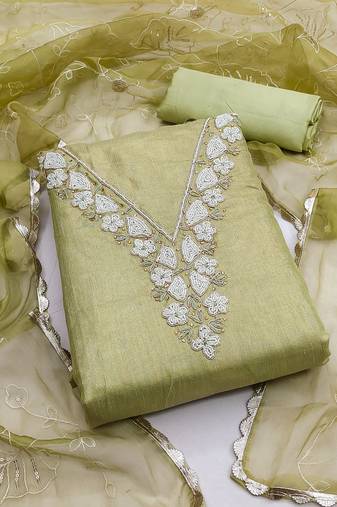 Olive color hand work work simmar cotton unstitched chudidar dress material - mrfc11323b