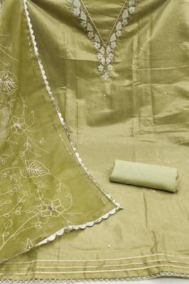 Olive color hand work work simmar cotton unstitched chudidar dress material  2