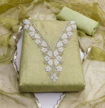 Olive color hand work work simmar cotton unstitched chudidar dress material  3