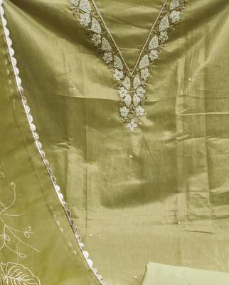 Olive color hand work work simmar cotton unstitched chudidar dress material  4