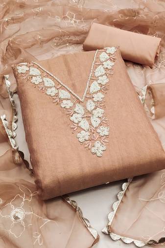 Peach color hand work work simmar cotton unstitched chudidar dress material - mrfc11323c