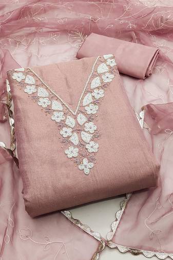 Pink color hand work work simmar cotton unstitched chudidar dress material - mrfc11323d