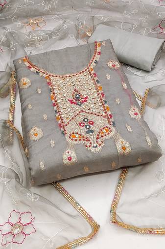 Grey color weaving work organza jacquard unstitched chudidar dress material - mrfc11325b