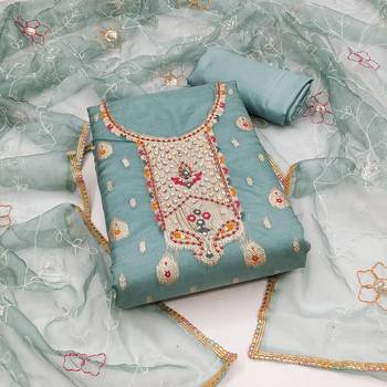 Sea green color weaving work organza jacquard unstitched chudidar dress material  1