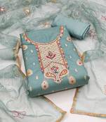 Sea green color weaving work organza jacquard unstitched chudidar dress material 