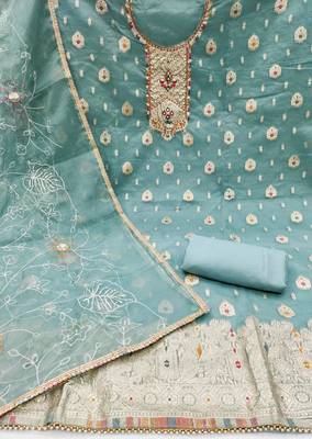 Sea green color weaving work organza jacquard unstitched chudidar dress material  2