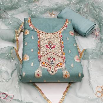 Sea green color weaving work organza jacquard unstitched chudidar dress material  3