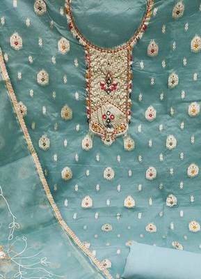 Sea green color weaving work organza jacquard unstitched chudidar dress material  4