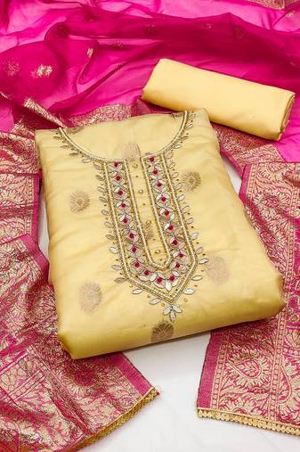 Yellow color weaving work organza jacquard unstitched chudidar dress material - mrfc11331d