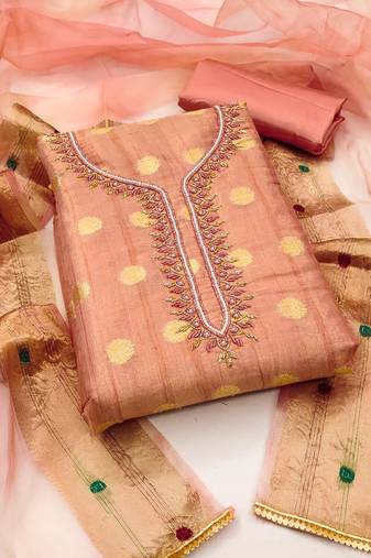 Peach color weaving work modal cotton jacquard unstitched chudidar dress material - mrfc11336c