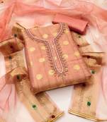 Peach color weaving work modal cotton jacquard unstitched chudidar dress material 