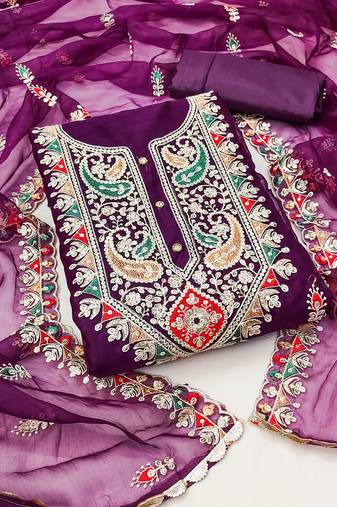 Purple color embroidered work organza unstitched chudidar dress material - mrfc11338b