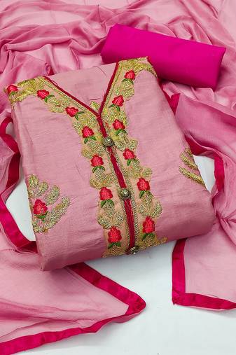 Pink color embroidered work glass cotton unstitched chudidar dress material - mrfc11339c