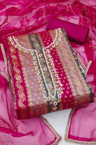 Multi color hand work work banarasi jacquard unstitched chudidar dress material - mrfc11340a
