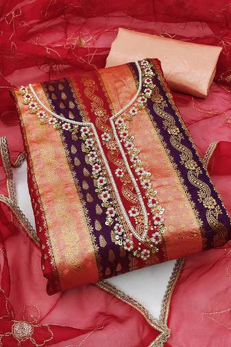 Multi color hand work work banarasi jacquard unstitched chudidar dress material - mrfc11340b