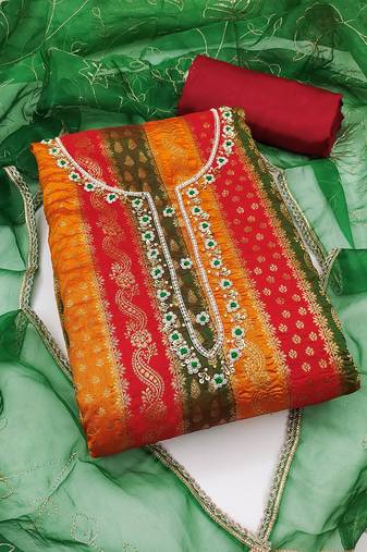 Multi color hand work work banarasi jacquard unstitched chudidar dress material - mrfc11340c