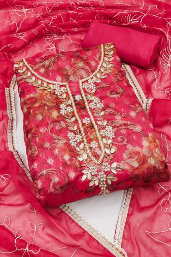 Pink color hand work work organza banarasi unstitched chudidar dress material - mrfc11342a
