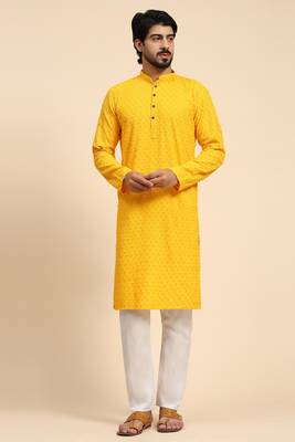 Yellow colour ethnic chikankari embroidery work men's kurta for wedding and festive looks 1