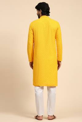Yellow colour ethnic chikankari embroidery work men's kurta for wedding and festive looks 2