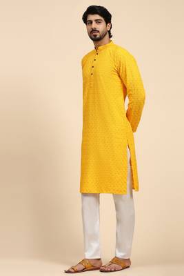 Yellow colour ethnic chikankari embroidery work men's kurta for wedding and festive looks 3