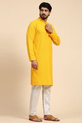 Yellow colour ethnic chikankari embroidery work men's kurta for wedding and festive looks 4