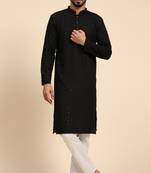 Black colour ethnic chikankari embroidery work men's kurta for wedding and festive looks