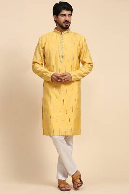 Yellow colour ethnic and trendy smart mirror embroidery work mens kurta 1