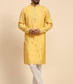Yellow colour ethnic and trendy smart mirror embroidery work mens kurta