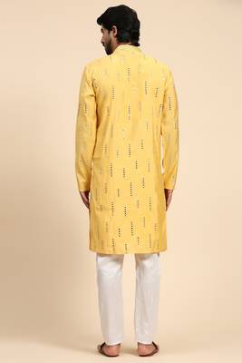 Yellow colour ethnic and trendy smart mirror embroidery work mens kurta 2