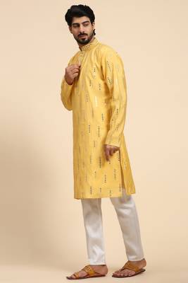 Yellow colour ethnic and trendy smart mirror embroidery work mens kurta 3