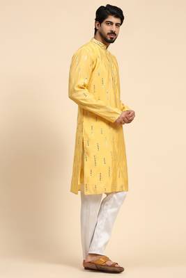 Yellow colour ethnic and trendy smart mirror embroidery work mens kurta 4