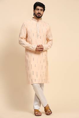 Baby pink colour ethnic and trendy smart mirror embroidery work mens kurta 1