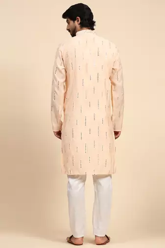 Baby pink colour ethnic and trendy smart mirror embroidery work mens kurta