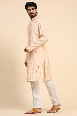 Baby pink colour ethnic and trendy smart mirror embroidery work mens kurta 3
