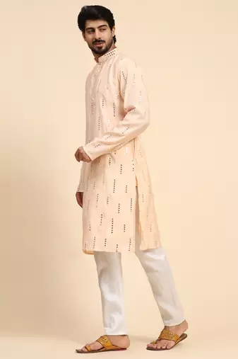 Baby pink colour ethnic and trendy smart mirror embroidery work mens kurta